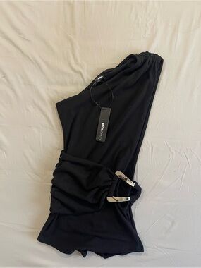 Fashion Nova Black One-Shoulder Dress with Buckle Detail